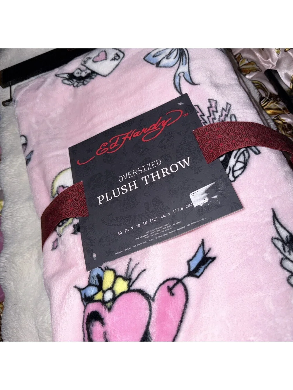 New Ed Hardy Pink Throw Blanket 50x70 Dice 7 Heart Wings Y2K Cute